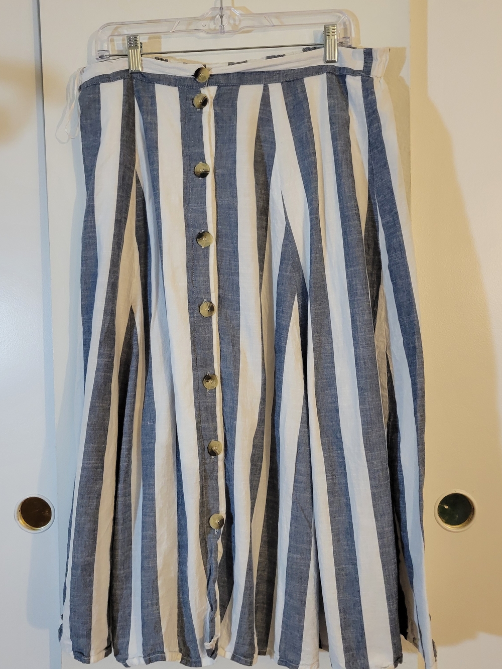 mile Gabrielle Button-Front A-Line Maxi Skirt in Blue and White Stripes